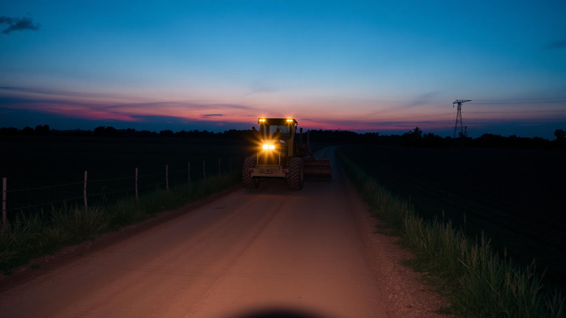 Motoniveladora trabalhando em estrada rural ao anoitecer